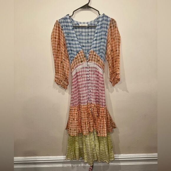 Loveshackfancy Plaid Midi Ollie Rosebud Checked Plaid Midi Dress Size 2 - Picture 2 of 7